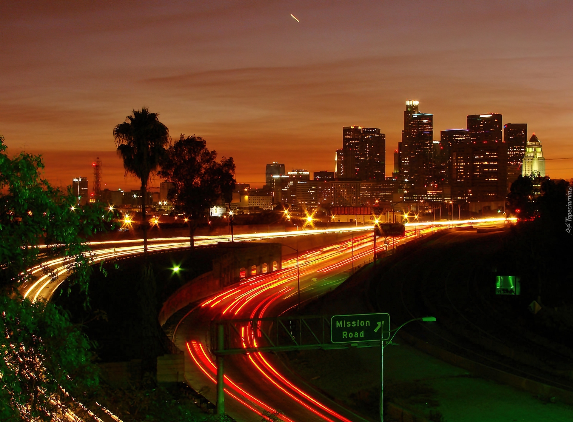 Los Angeles, Panorama, Miasta, Nocą, Arterie, Komunikacyjne, Drzewa