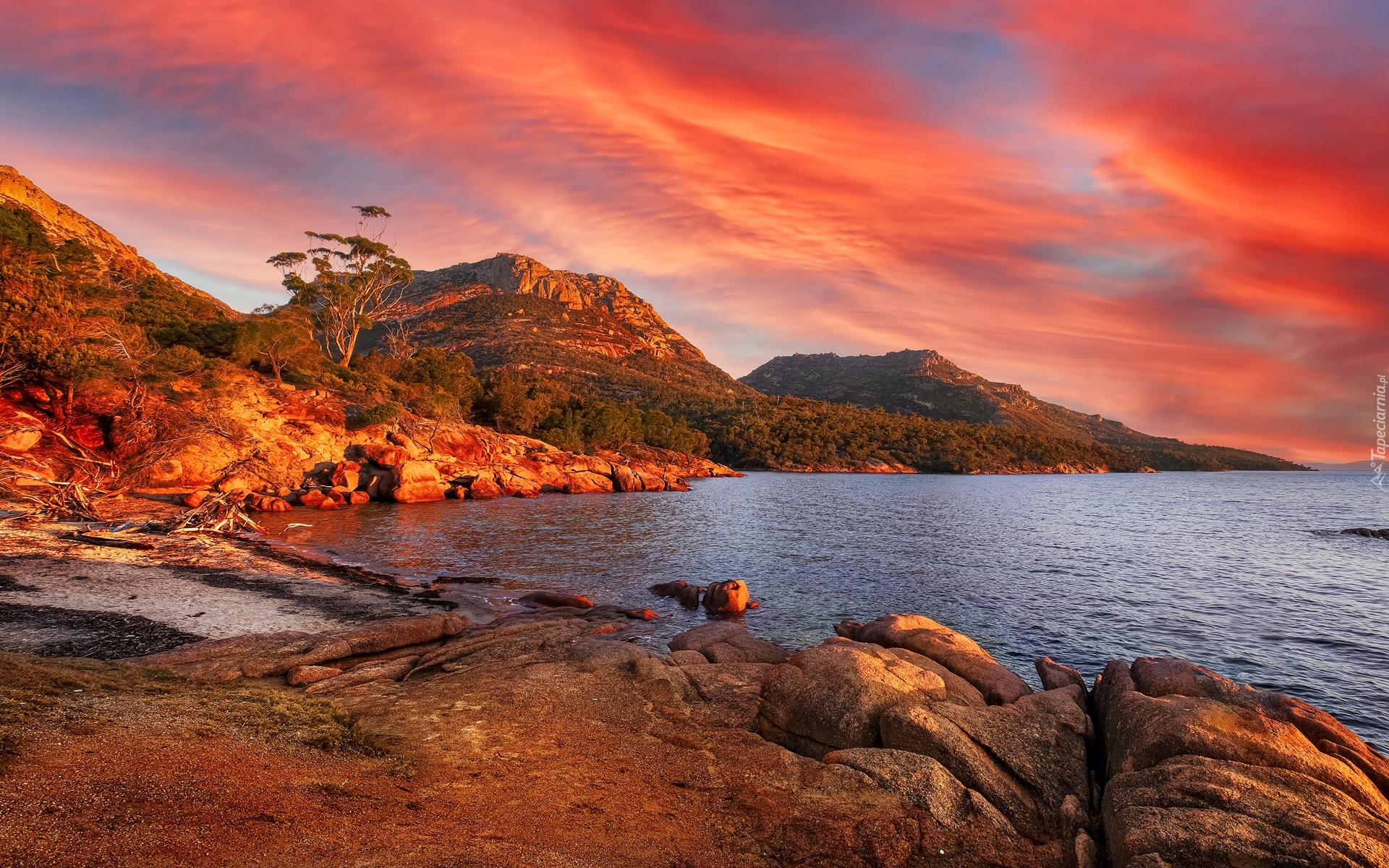 Australia, Tasmania, Park Narodowy Freycineta, Góry, Morze, Wybrzeże, Drzewa, Zachód słońca