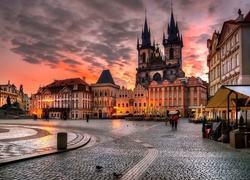 Praga, Czechy, Miasto, Domy, Wieże, Zachód Słońca