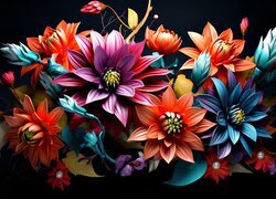 Grafika kolorowych kwiatów na czarnym tle