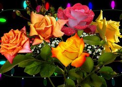 Zroszone kolorowe róże otoczone lampkami